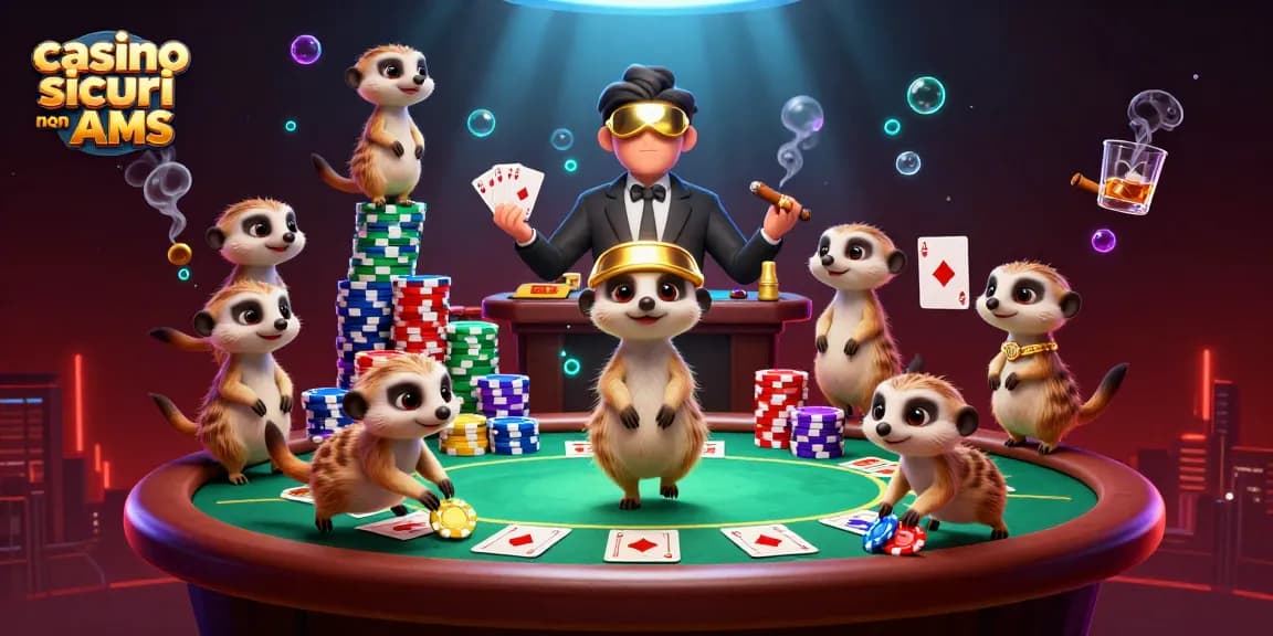 Giocatori nei casino sicuri non AAMS con spettacolari torri di chip e carte da poker.