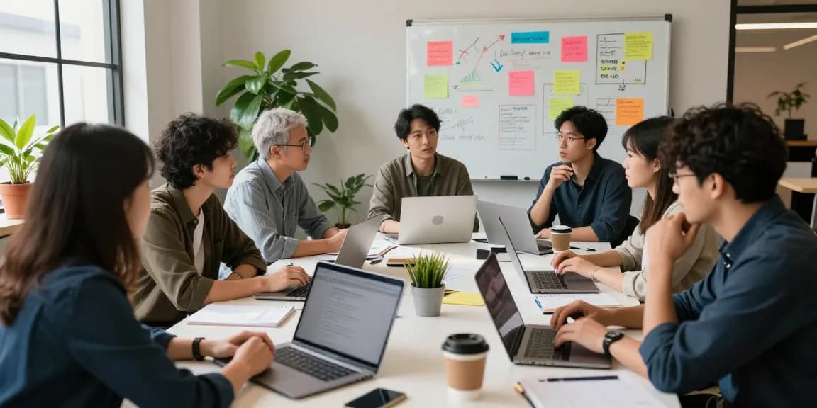 Group brainstorming online promotion for micro businesses in a co-working space.