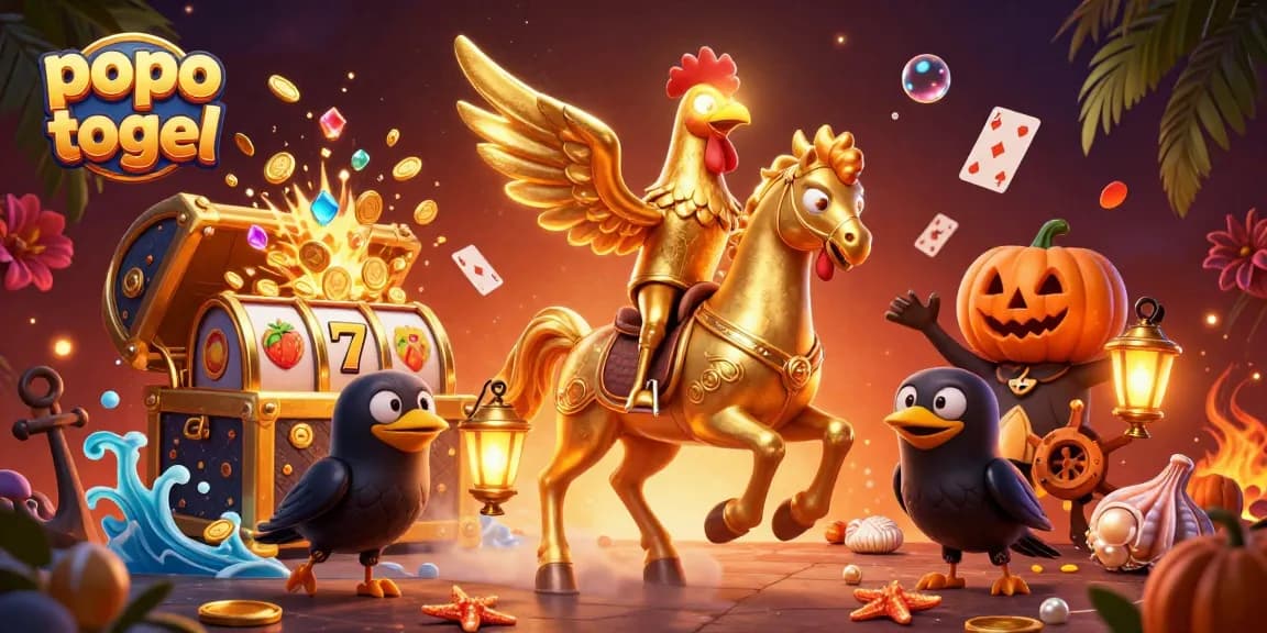 Engage in exciting popo togel gameplay with animated golden rooster and slot elements in a vibrant casino