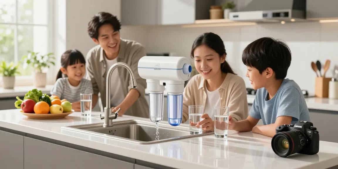 AQUA CREST GXRTDR Inline Water Filter in a bright kitchen with a family enjoying fresh water.