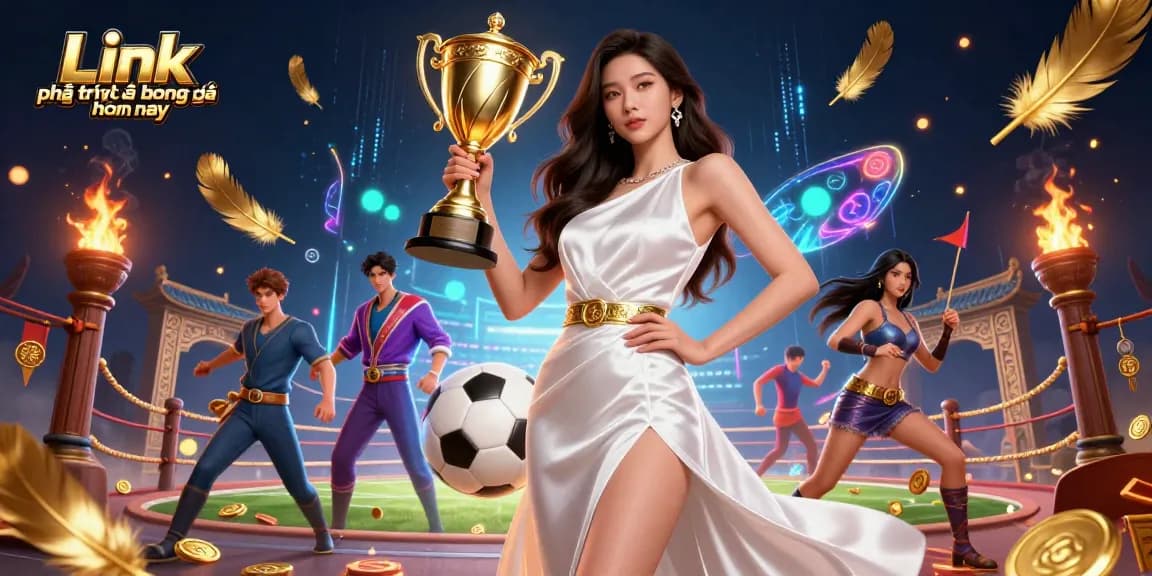 Engage with Link phát trực tiếp bóng đá hôm nay, showcasing a victorious Asian woman and vibrant betting elements.