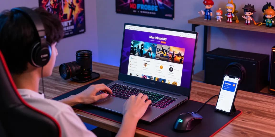 Pengguna mengakses platform martabak188 dengan laptop di kursi gaming, tampilan antarmuka yang menarik, suasana nyaman dan imersif.
