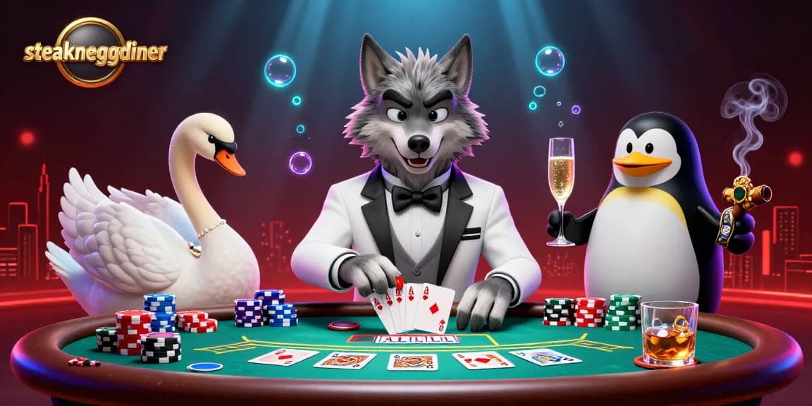 Engage in thrilling Baccarat as a 3D cartoon wolf enjoys steakneggdiner luxury with a charming swan and a penguin sommelier.