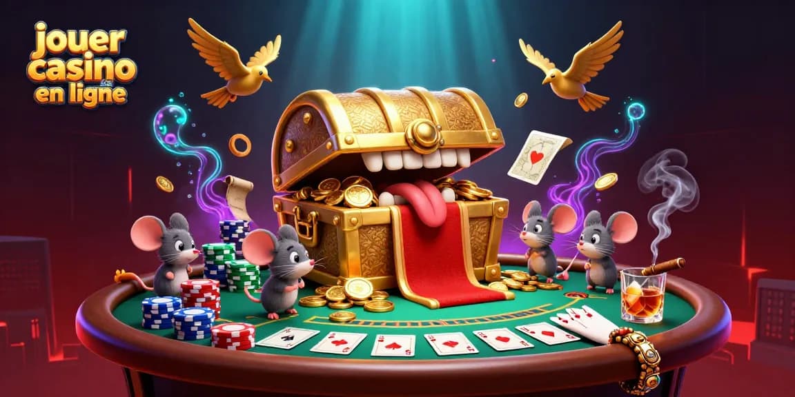 Jouer au casino en ligne avec un coffre à trésor doré et des cartes de poker dans une scène animée