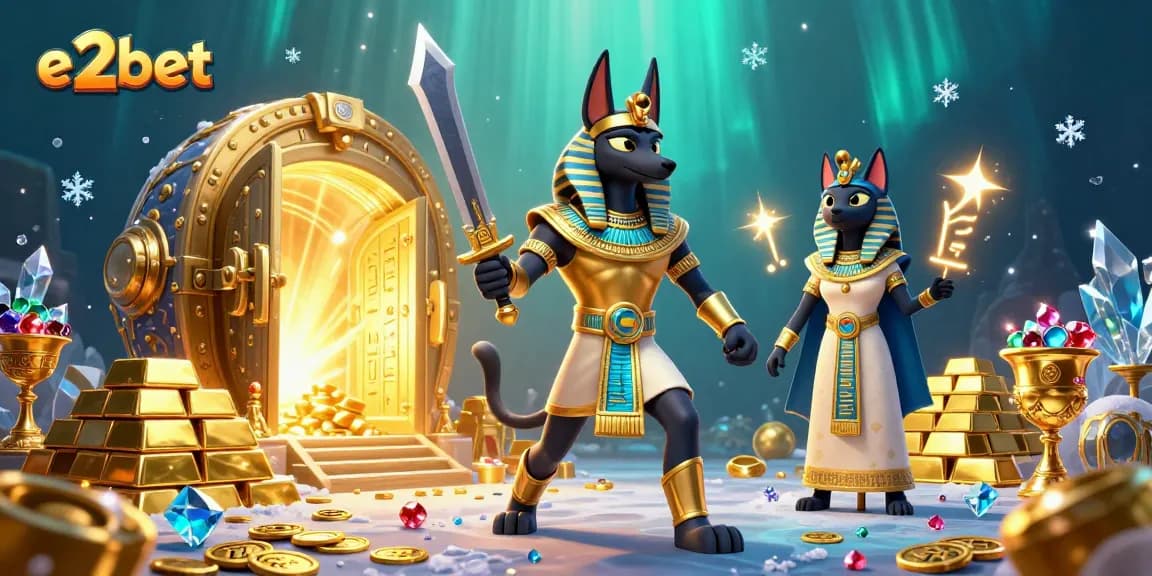 Win big with e2bet's exciting treasures and energetic gaming experience in a vibrant 3D casino scene.