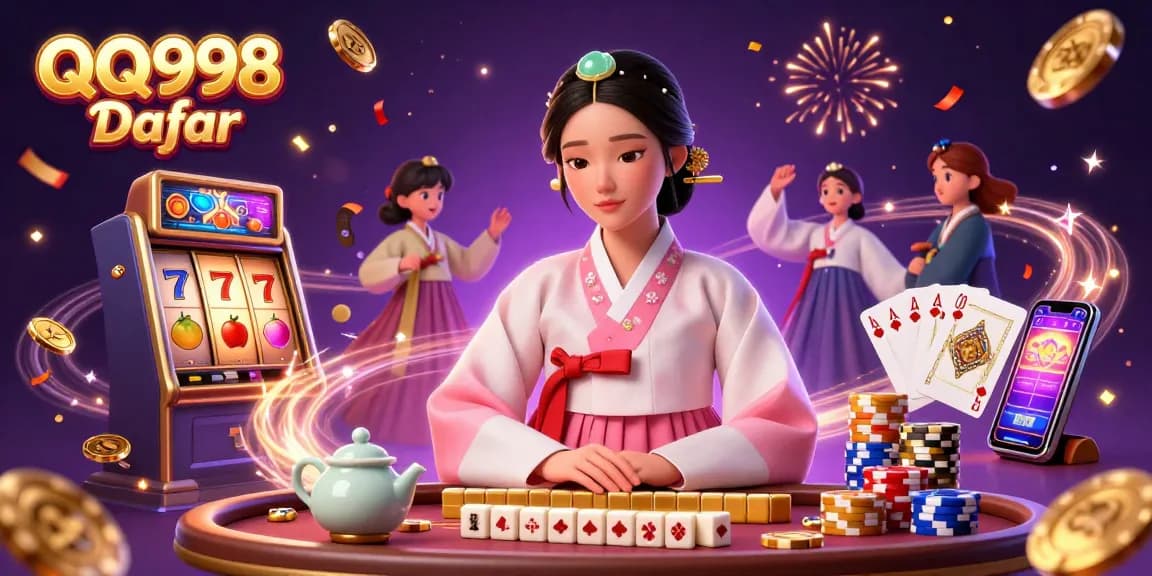 Join the fun at QQ998 Daftar with a vibrant 3D casino illustration showcasing exciting gaming elements.