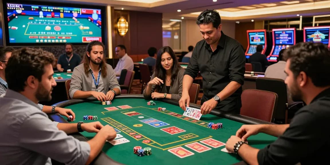 Live Andar Bahar game at casino with real dealers and excited players.