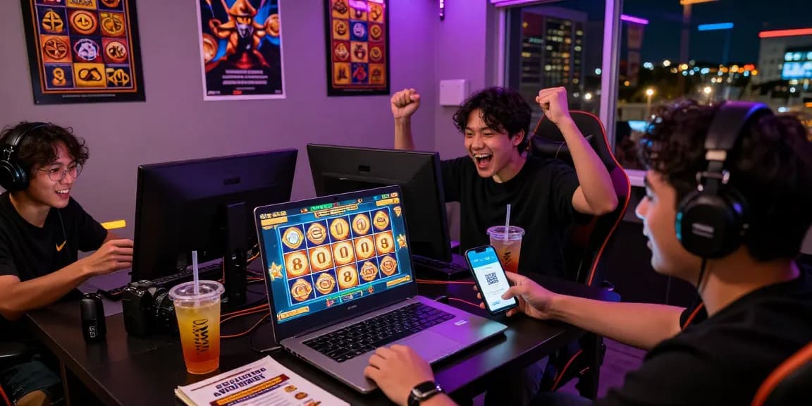Players celebrating a win in an engaging slot depo 1k gaming session with vibrant visuals and modern gaming elements.
