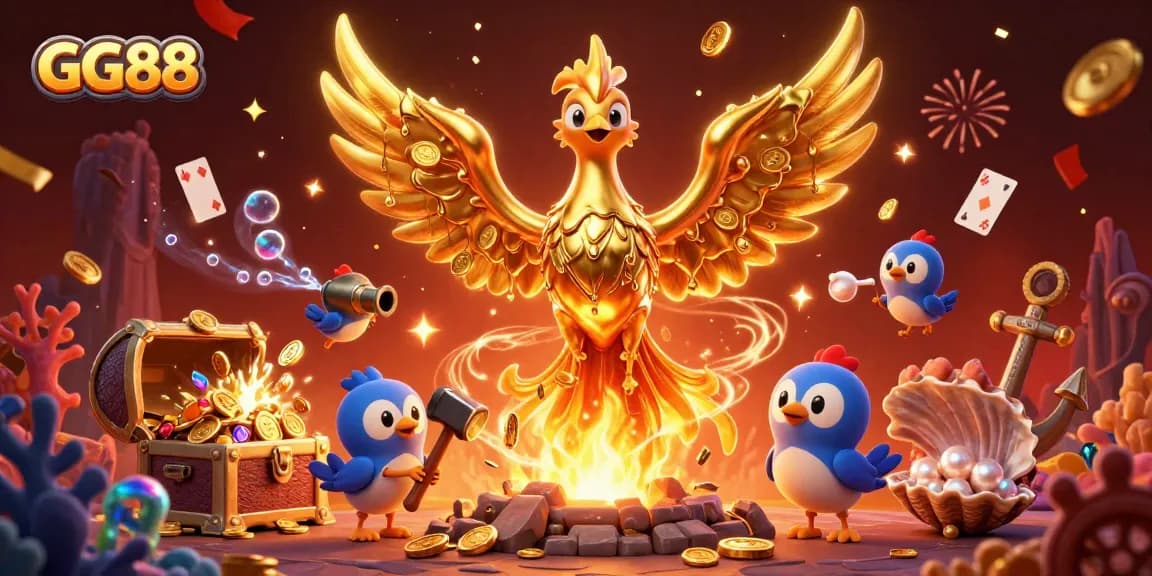 Win big at GG88 with dynamic 3D casino illustration of gold phoenix and treasure.