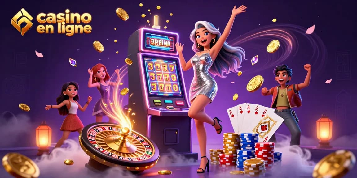 Découvrez l'excitation du casino en ligne avec des scènes vibrantes et des jackpots dans cette illustration dynamique.