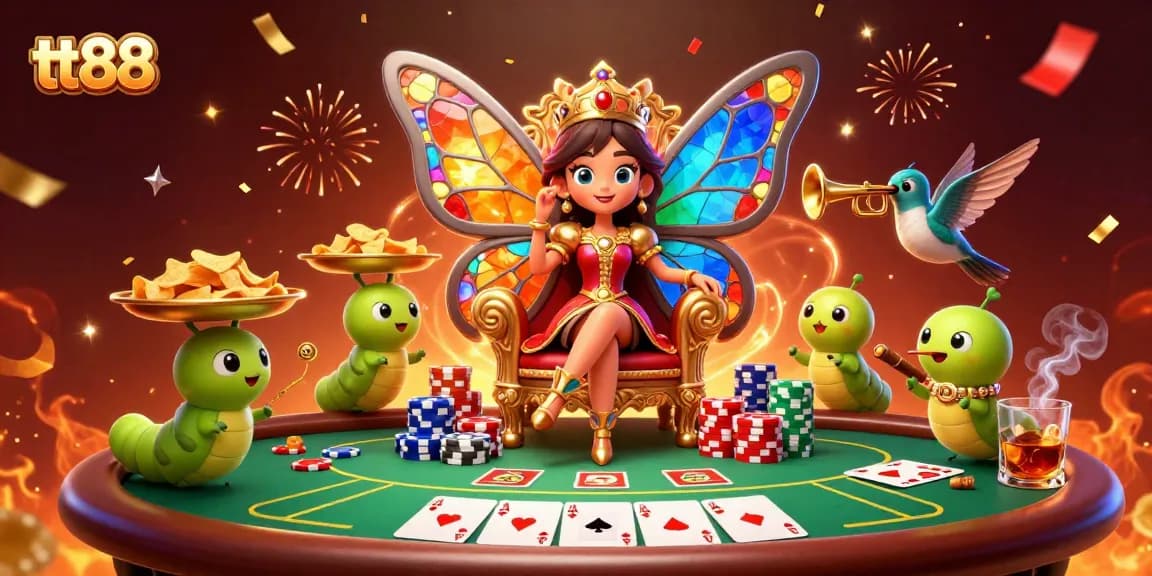Experience the thrill of tt88's vibrant online casino atmosphere with a butterfly queen and poker-themed elements.