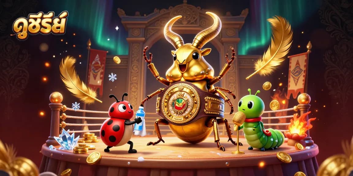 Engage in ดูซีรี่ย์ as a giant golden stag beetle champions in a vibrant gambling arena, showcasing excitement.