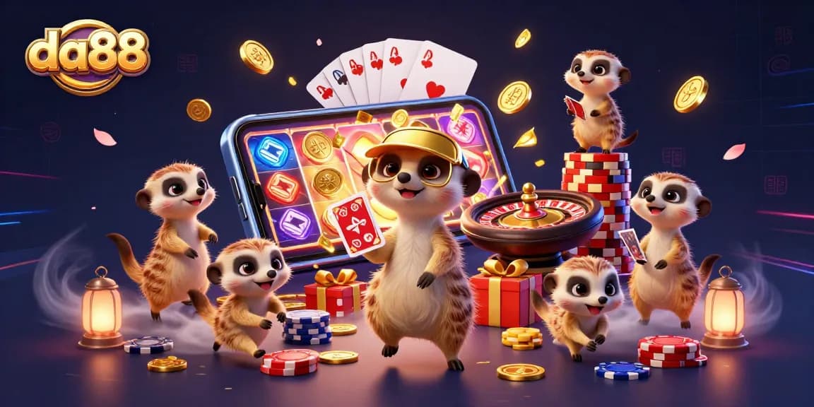 Experience da88's vibrant casino world with meerkat dealers and exciting slot games.