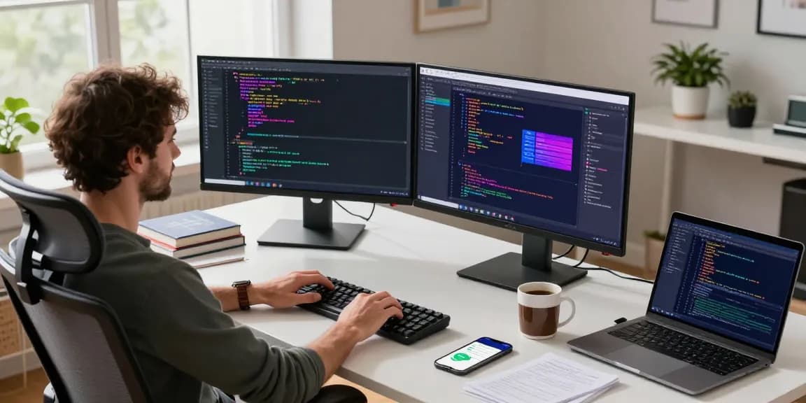 Productive tech workspace with a developer coding featuring the keyword 纸飞机中文版 on screens and various programming materials.