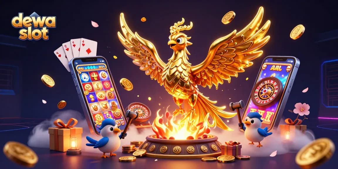 Engage in dewa slot action with a molten phoenix creating coins amidst colorful slots and casino elements.