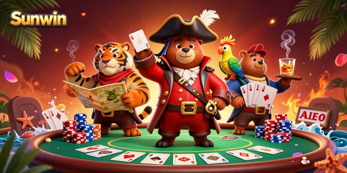 Engage with Sunwin's thrilling poker action featuring a pirate bear, tiger first mate, and vibrant game elements.
