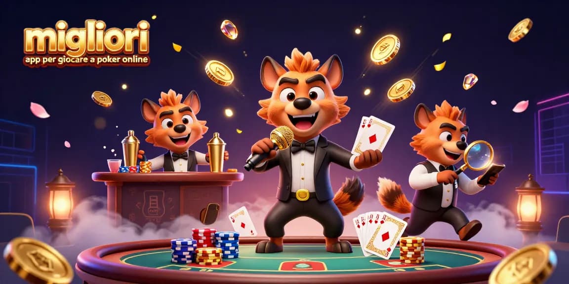 Migliori app per giocare a poker online presentano una scena vivace con ibridi comici che interagiscono in un casinò dinamico.