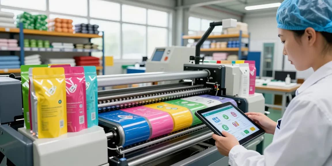 Flat bottom bags production in eco-friendly packaging factory showcasing vibrant designs and advanced technology.
