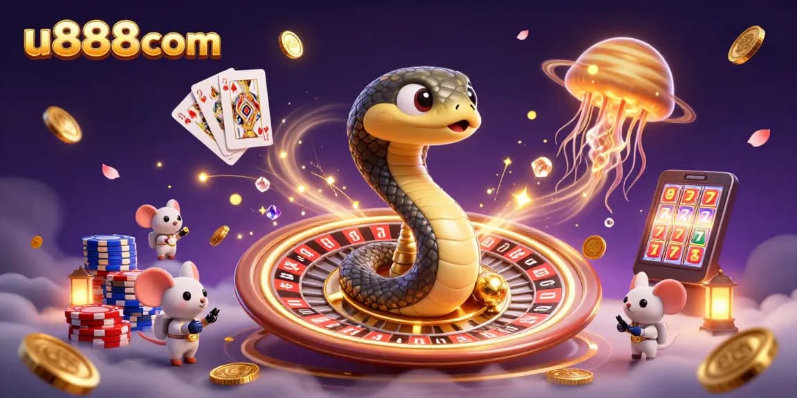 Engage with u888com's cosmic casino experience featuring lively gambling elements and colorful characters.