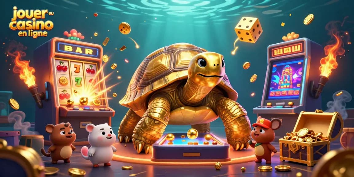 Jouez au casino en ligne avec une illustration d'une tortue en or jouant sur une machine à sous géante.