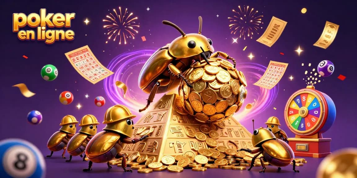 Gagnez au poker en ligne avec des jetons d'or et des symboles de casino dans un cadre festif et vibrant.