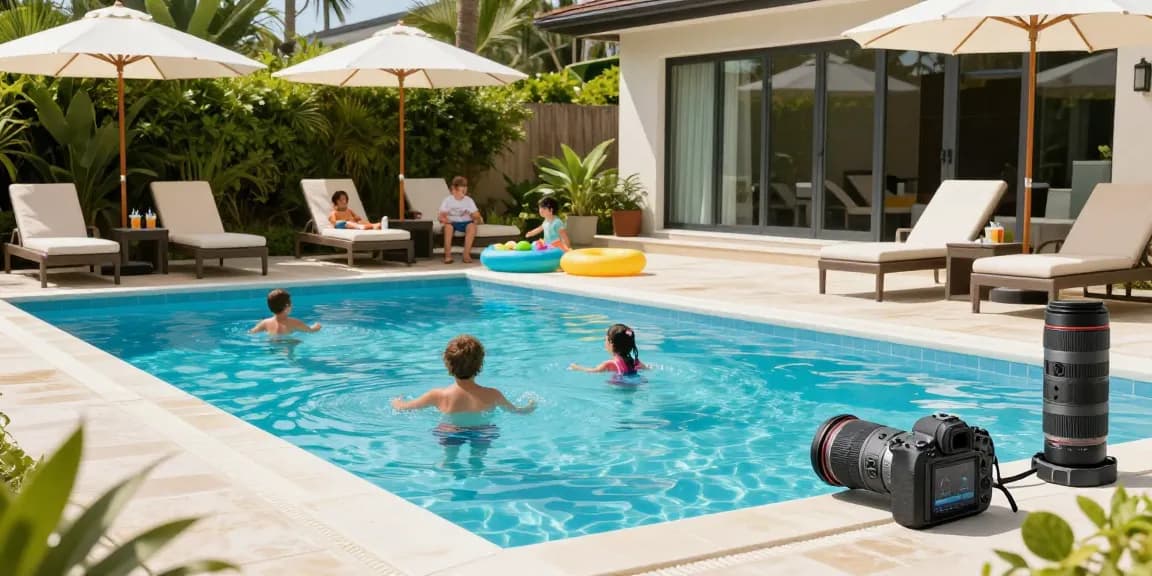 Enjoying family time at a pool with quality oprema za bazene, showcasing a modern outdoor setup.