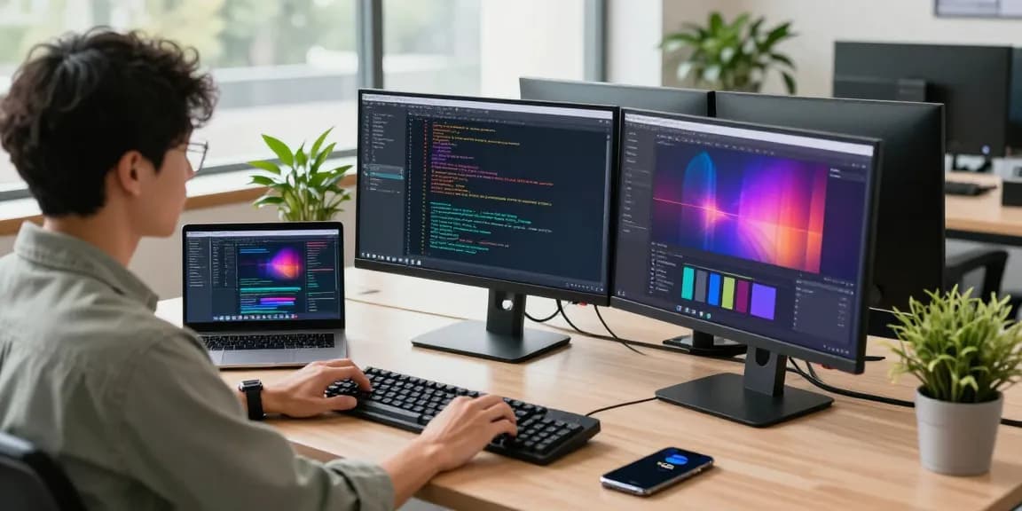 快连 software developer in a modern office, programming at dual monitors with vibrant code.