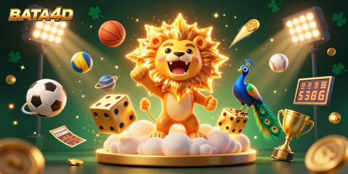 BATA4D showcases a vibrant scene with a roaring lion and golden dice highlighting thrilling betting action.