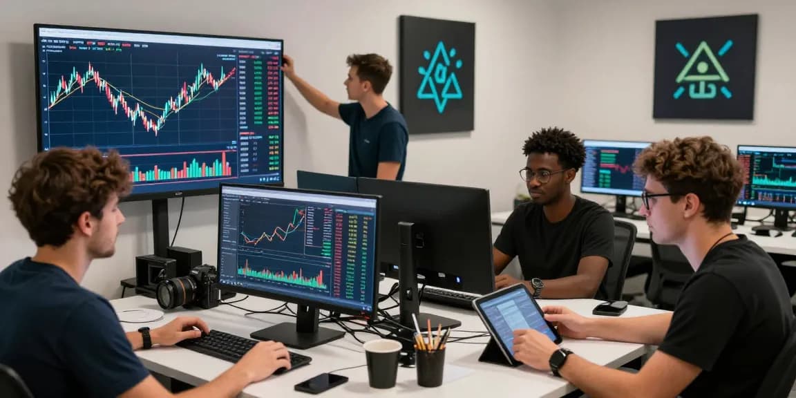 Traders analyzing okx reviews and market trends in a dynamic crypto trading office environment.