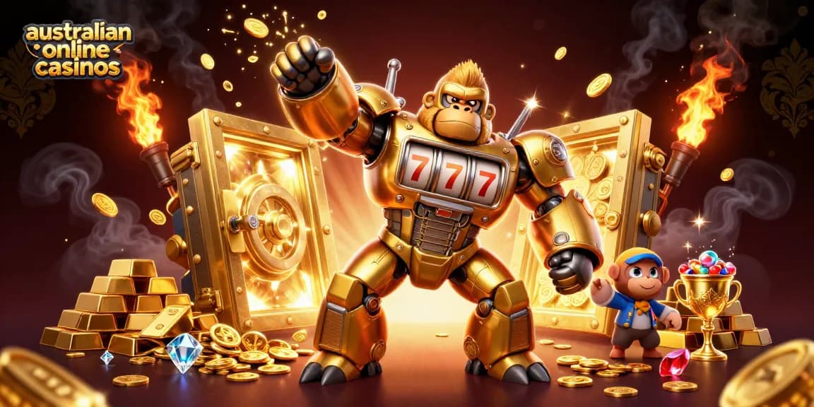 Engage with the spectacle of australian online casinos showcasing a golden gorilla mech conquering riches.