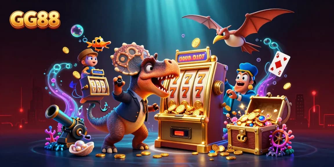 GG88 jackpot scene featuring dinosaurs and slot machine bursting with coins.
