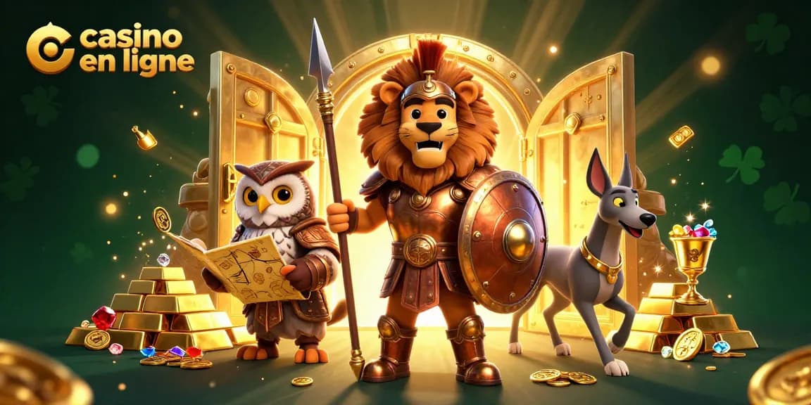 Découvrez le casino en ligne avec un lion guerrier et une chouette stratège entourés de trésors d'or.