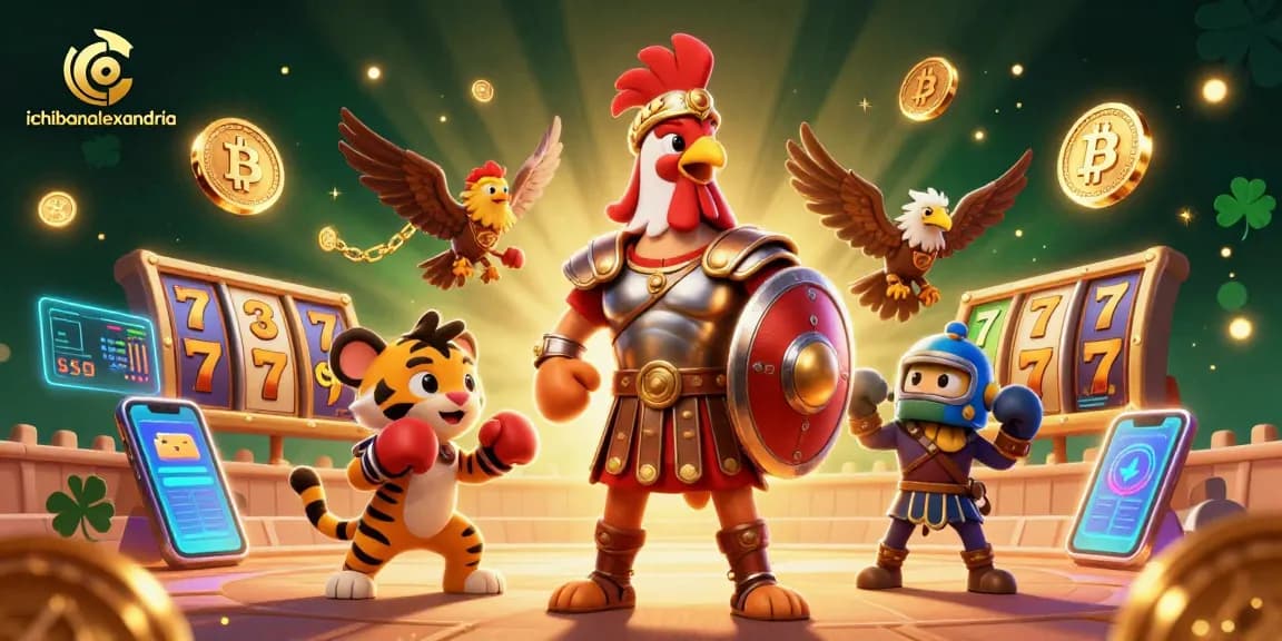 Permainan slot menarik di ichibanalexandria dengan ayam jantan bertarung dan simbol jackpot melambung.