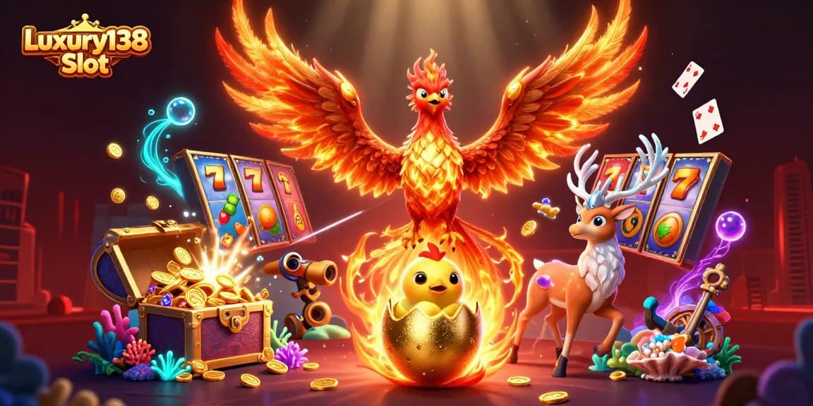 Experience excitement with Luxury138 Slot, featuring a vibrant 3D scene filled with dynamic slot elements.