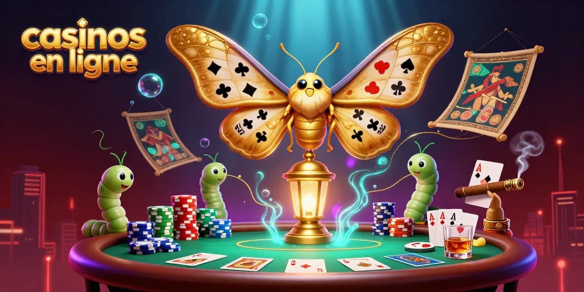 Plongez dans l'univers des casinos en ligne avec un papillon géant et des éléments de jeu riches.