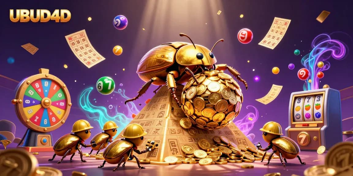 Experience the excitement of UBUD4D with golden coins, lottery balls and vibrant casino elements.