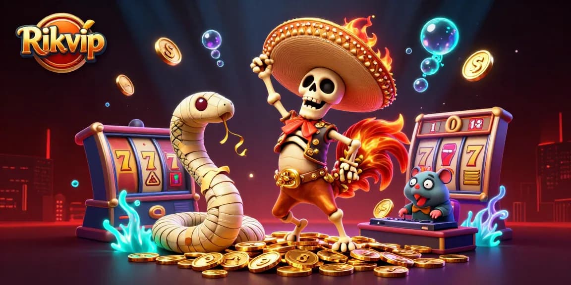 Experience the excitement of Rikvip with a dynamic 3D illustration featuring vibrant casino elements and characters.