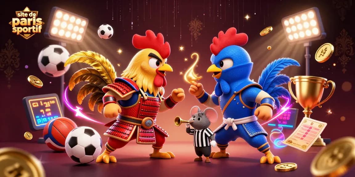 Pariez sur le site de paris sportif avec une illustration dynamique de coqs combattants.