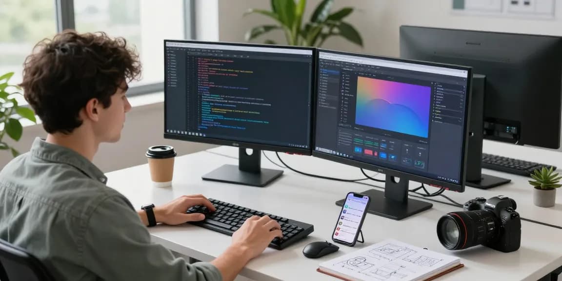 快连 software development workspace with dual monitors and coding activities in a modern office setting.