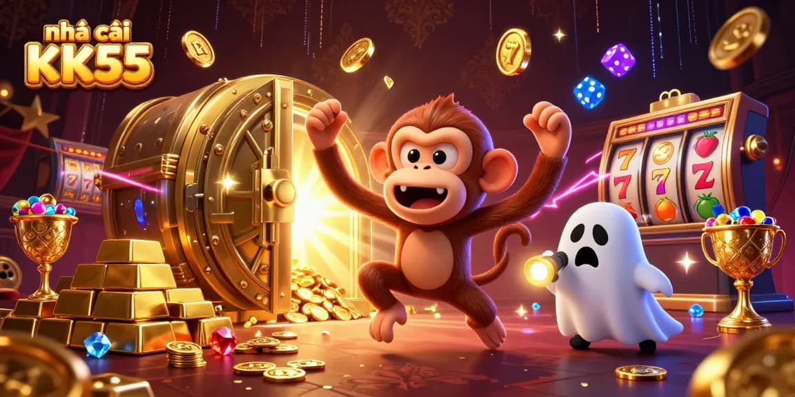 Experience the lively scene of nhà cái KK55 with a playful poltergeist monkey juggling golden treasures amidst a vibrant casino atmosphere.