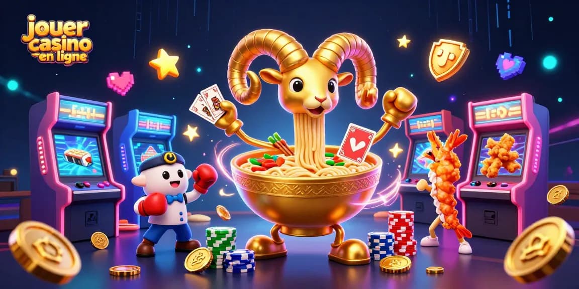 Jouer au casino en ligne avec une illustration dynamique incluant des personnages amusants et des éléments de jeu colorés.