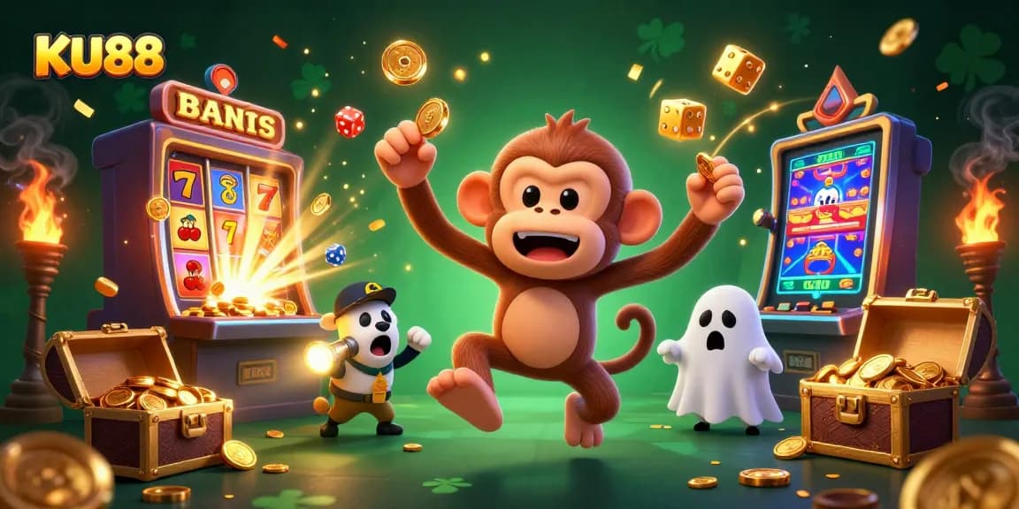 Engage with KU88's thrilling casino experience featuring playful characters amidst a jackpot celebration.