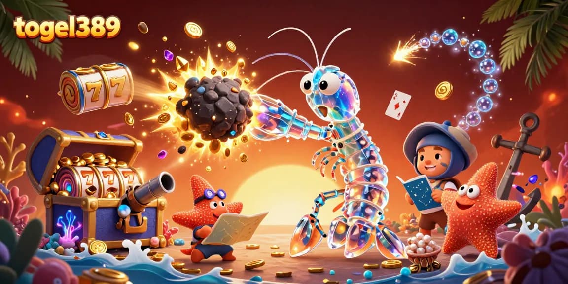 Engage with togel389 as the galactic samurai mantis shrimp punches through an asteroid exploding with coins and gems in a vibrant casino-themed scene.