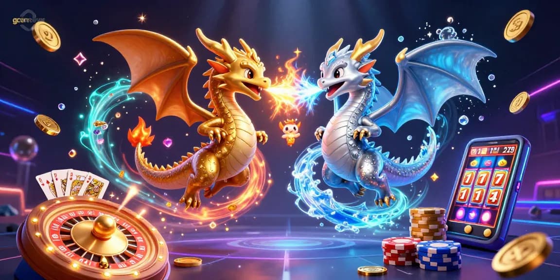 Engage with gcanews' thrilling gaming scene featuring our cartoon dragons amidst gold coins and a spinning roulette wheel.