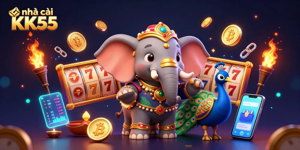 Experience vibrant slot gaming at nhà cái KK55 with a colorful illustration of an elephant and peacock amidst exciting casino elements.