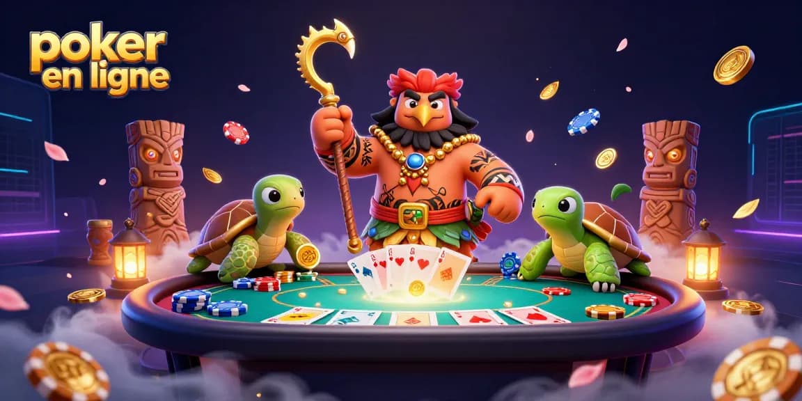 Joue au poker en ligne, plonge dans une scène animée avec des personnages dynamiques et une ambiance de jeu captivante.