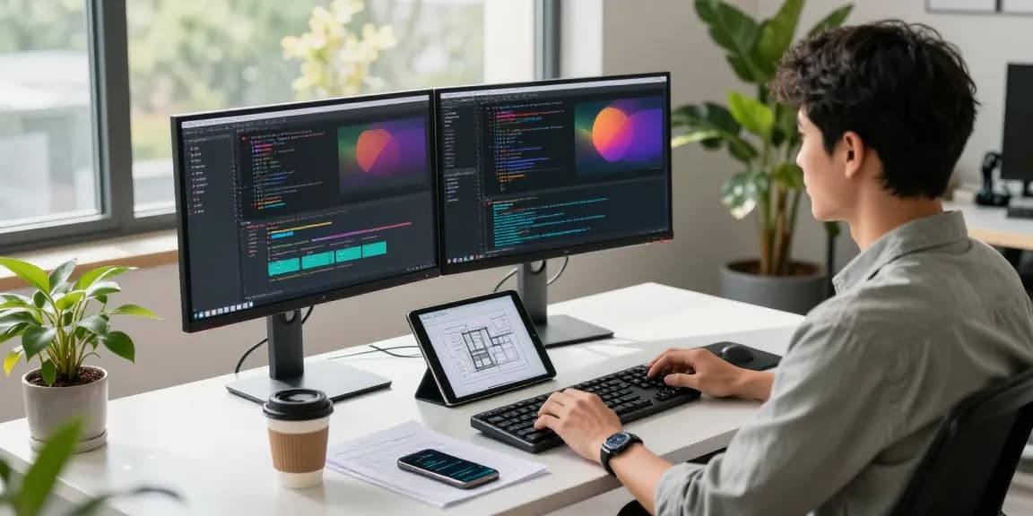 Developer working on 纸飞机中文版 in a modern office, with screens displaying code and design.