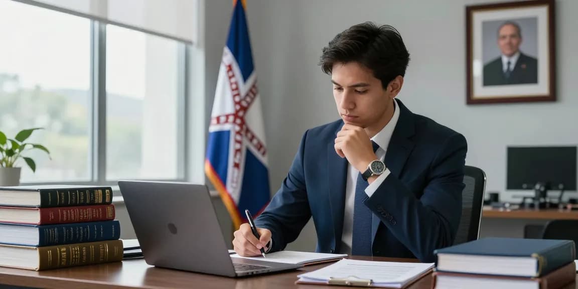 Bradley Robinson Alabama, aspiring attorney in a modern law office, deep in thought with legal documents.