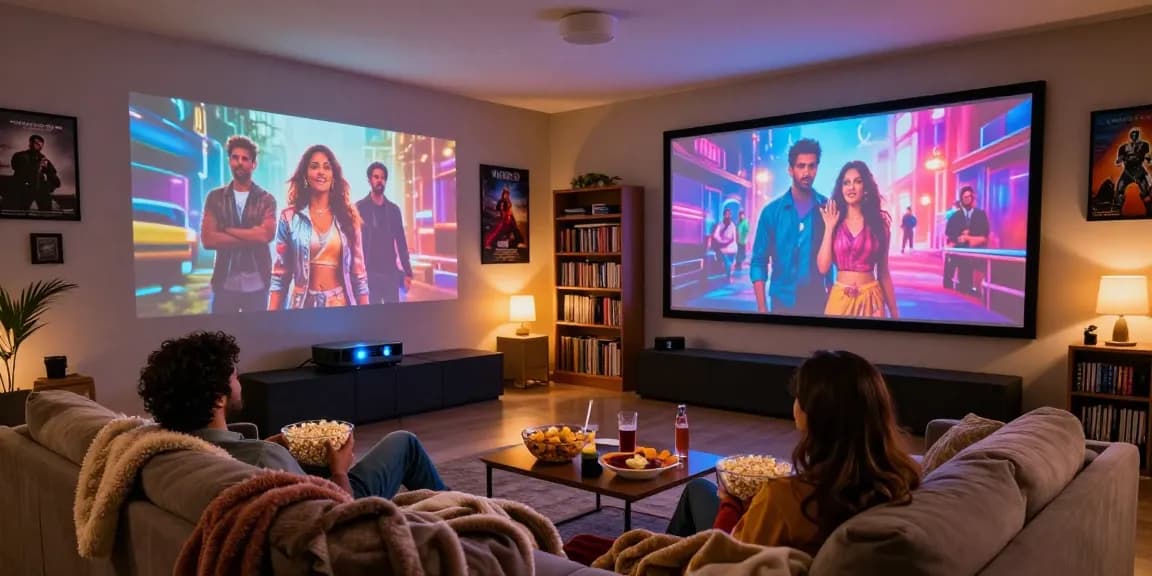Enjoy a cozy movie night at home with films from https://www.bolly4uorg.in featuring a couple on a couch with ambient lighting.