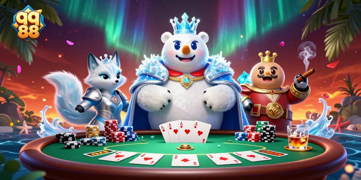 Join the exciting action of qq 88 with a royal bear, poker elements, and vibrant casino atmosphere.